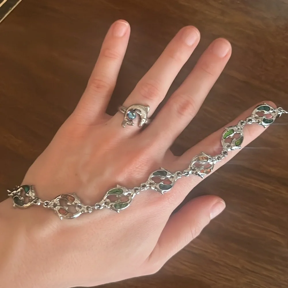 Bundle for 50% off! - Silver iridescent mood/moonstone dolphin bracelet ring set - Picture 2 of 2